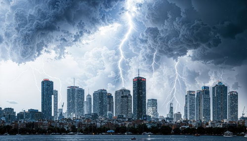 晴れ間から望む高層ビル群と雲のパノラマ風景