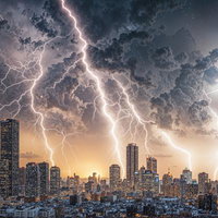 暗雲立ち込める高層ビル群に複数の稲妻が落雷する嵐の夜景の写真