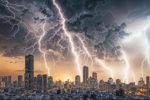 暗雲立ち込める高層ビル群に複数の稲妻が落雷する嵐の夜景