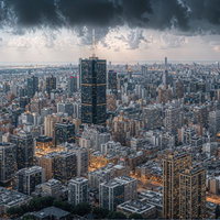 巨大な都市を見下ろすように蠢く雲と高層ビル群の写真