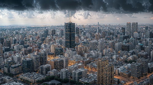巨大な都市を見下ろすように蠢く雲と高層ビル群