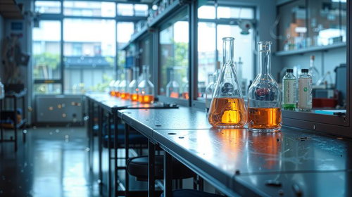 オレンジ色の液体が入った実験器具が並ぶ理科実験室