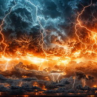 暗雲を引き裂くように光る無数の稲妻と炎のような雷光のAI画像