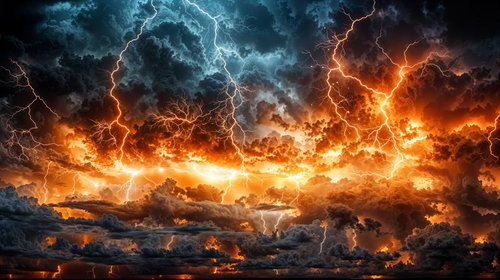 暗雲を引き裂くように光る無数の稲妻と炎のような雷光