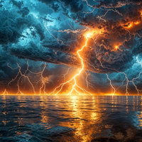 湖面に降り注ぐ閃光と揺らめく火花の雷雲風景の写真