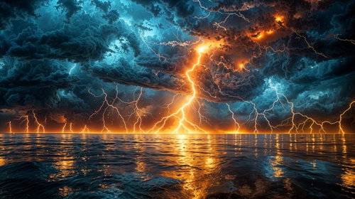 湖面に降り注ぐ閃光と揺らめく火花の雷雲風景