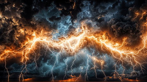 炎のような稲妻が縦横に走る壮絶な雷雲と閃光