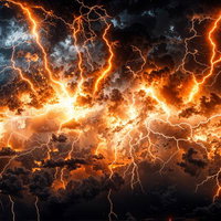 無数の稲妻が走る壮大な雷雲と炎のような雲の写真