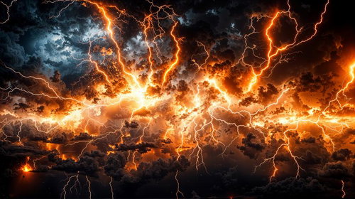 無数の稲妻が走る壮大な雷雲と炎のような雲