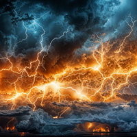 水平に走る稲妻と空を切り裂く雷光が交錯する雷雲の写真