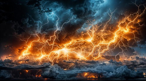 水平に走る稲妻と空を切り裂く雷光が交錯する雷雲