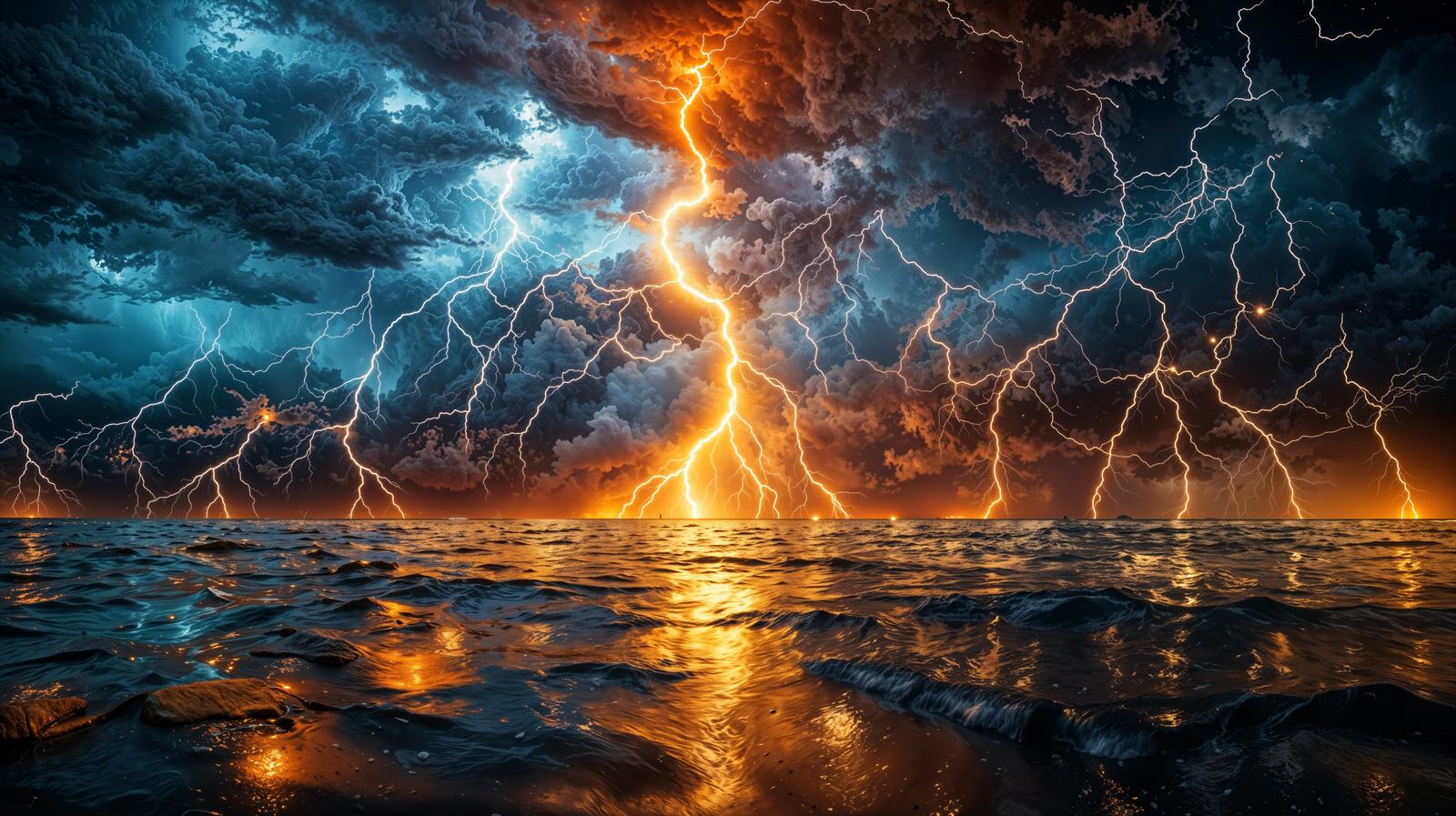 海上で複数の稲妻が落ちる雷雲と荒れ狂う嵐の風景