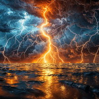 海を貫く金色の稲妻と雷鳴が落ちる嵐の天空の写真