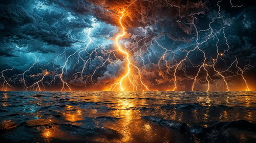 海を貫く金色の稲妻と雷鳴が落ちる嵐の天空