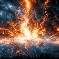 荒れ狂う海原に無数に走る稲妻と雷光、暗い積乱雲と波立つ海面の写真