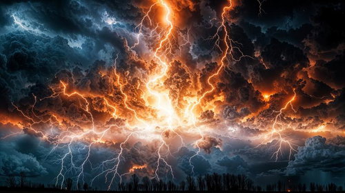 荒れ狂う海原に無数に走る稲妻と雷光、暗い積乱雲と波立つ海面