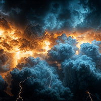 オレンジ光と青い雲塊に稲妻が走る積乱雲内部の写真