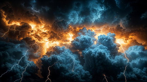 オレンジ光と青い雲塊に稲妻が走る積乱雲内部