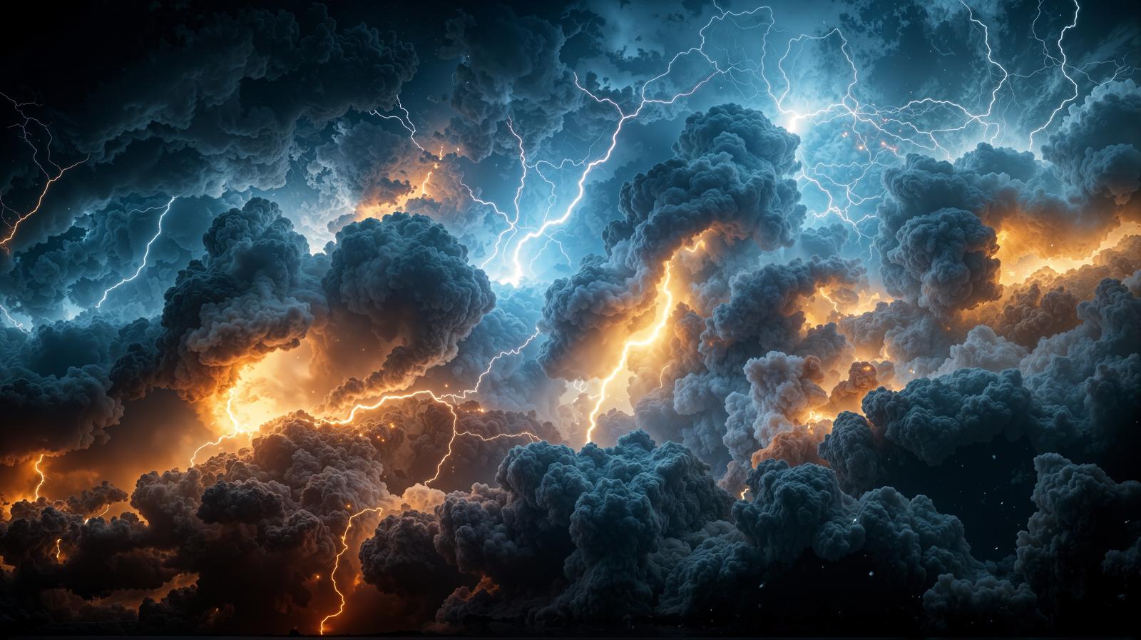 Dark cumulonimbus clouds with lightning bolts flashing through