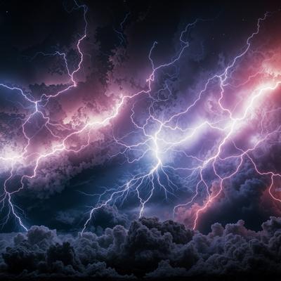 夜空を背景に紫や赤みを帯びる稲妻の写真