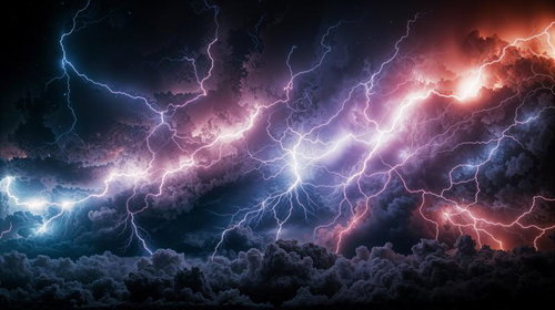 夜空を背景に紫や赤みを帯びる稲妻