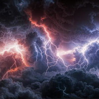 赤紫色と青白い稲光が積乱雲の中で複雑に交差する激しい雷雨の瞬間の写真