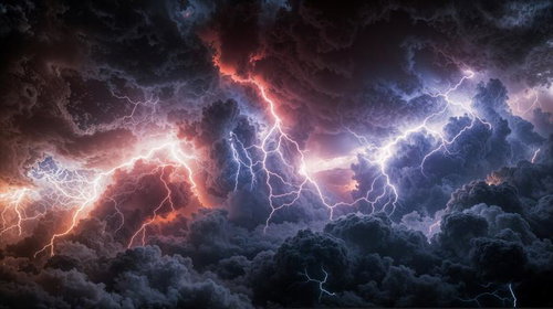 赤紫色と青白い稲光が積乱雲の中で複雑に交差する激しい雷雨の瞬間