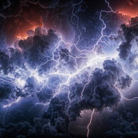 黒々とした積乱雲の中で交錯する無数の稲妻の写真