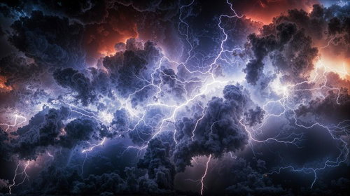 黒々とした積乱雲の中で交錯する無数の稲妻