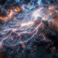 暗雲に走る複数の稲妻と炎色に染まる雷雲の写真