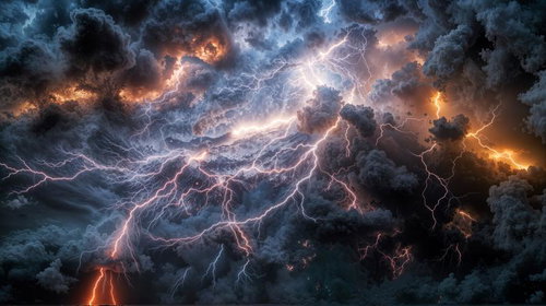 暗雲に走る複数の稲妻と炎色に染まる雷雲