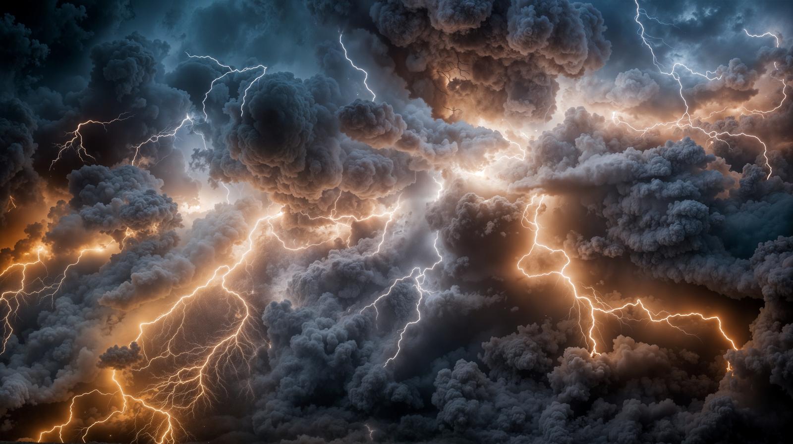 暗いグレーの積乱雲とオレンジ色の光、複数の稲妻が走る嵐の空