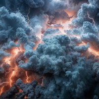 オレンジ色の光を放つ巨大積乱雲と激しい稲妻の写真