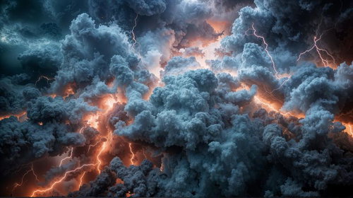 オレンジ色の光を放つ巨大積乱雲と激しい稲妻