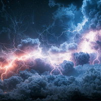 暗雲立ち込める夜空に稲妻が走る嵐雲の光景のAI画像