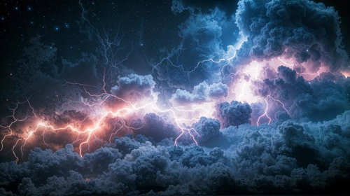 暗雲立ち込める夜空に稲妻が走る嵐雲の光景