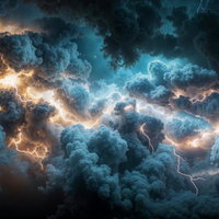 厚い積乱雲の中を縦横無尽に走る稲妻と雷光の嵐の写真