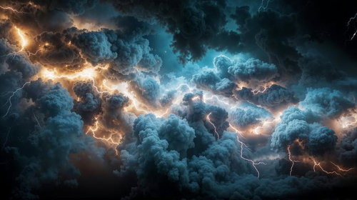 厚い積乱雲の中を縦横無尽に走る稲妻と雷光の嵐