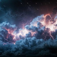 紫とオレンジに光る積乱雲と稲妻の夜空の写真