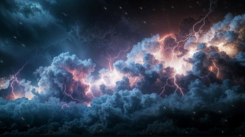 紫とオレンジに光る積乱雲と稲妻の夜空