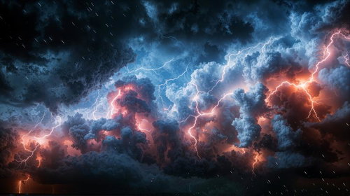 分厚い雷雲の内部に広がる大量の稲妻