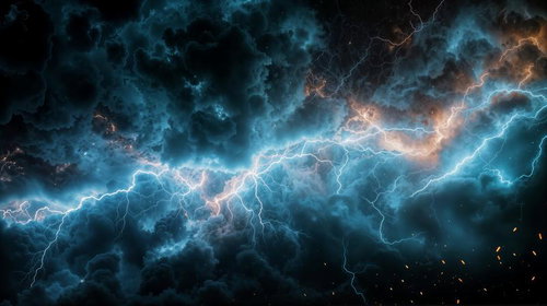 厚く渦巻く暗雲の中を走る青白い雷