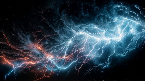 暗雲に走る青白い稲妻と赤いエネルギー放電