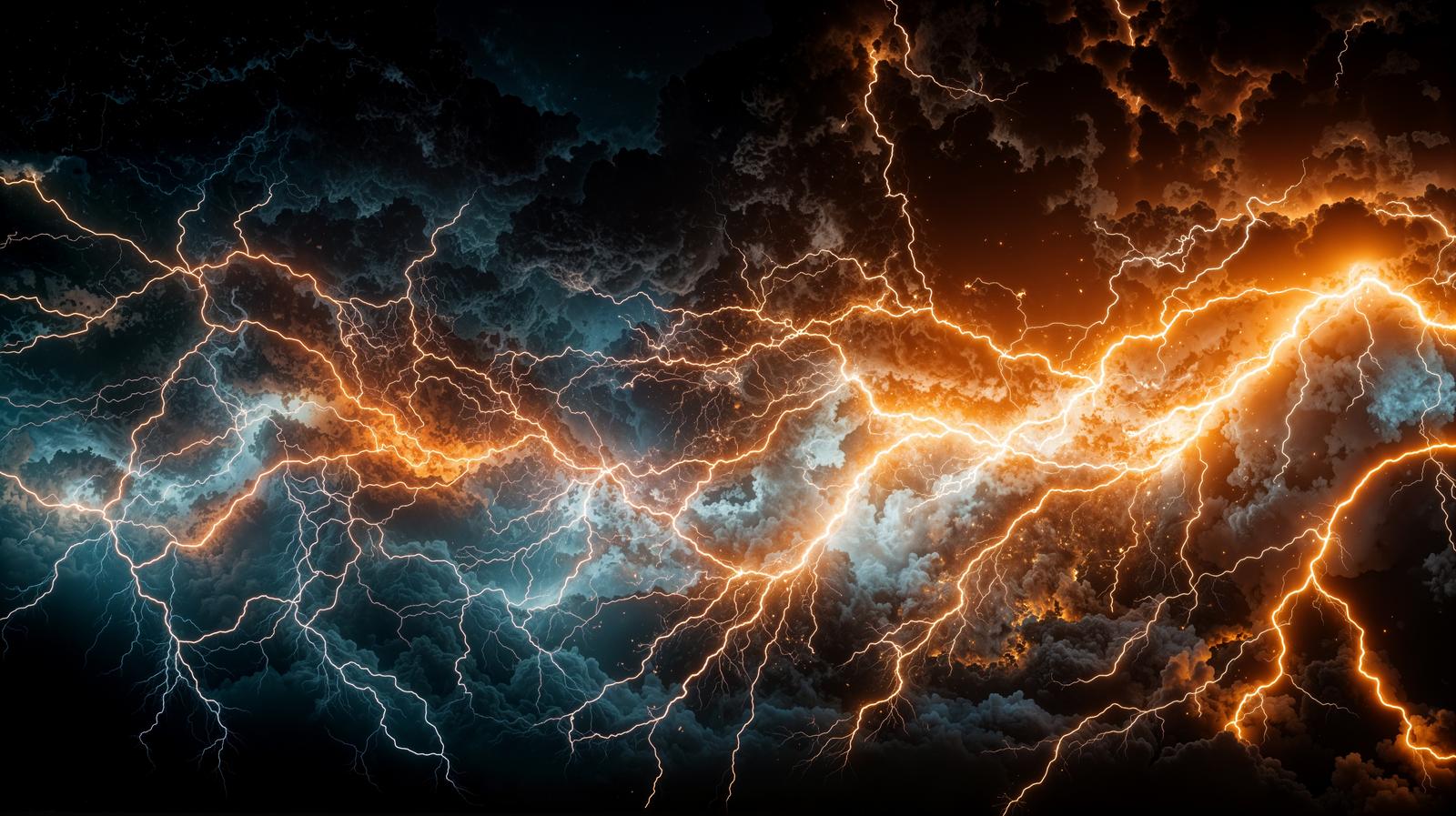 暗雲の中にオレンジと青の稲妻が網目状に走る嵐の場面