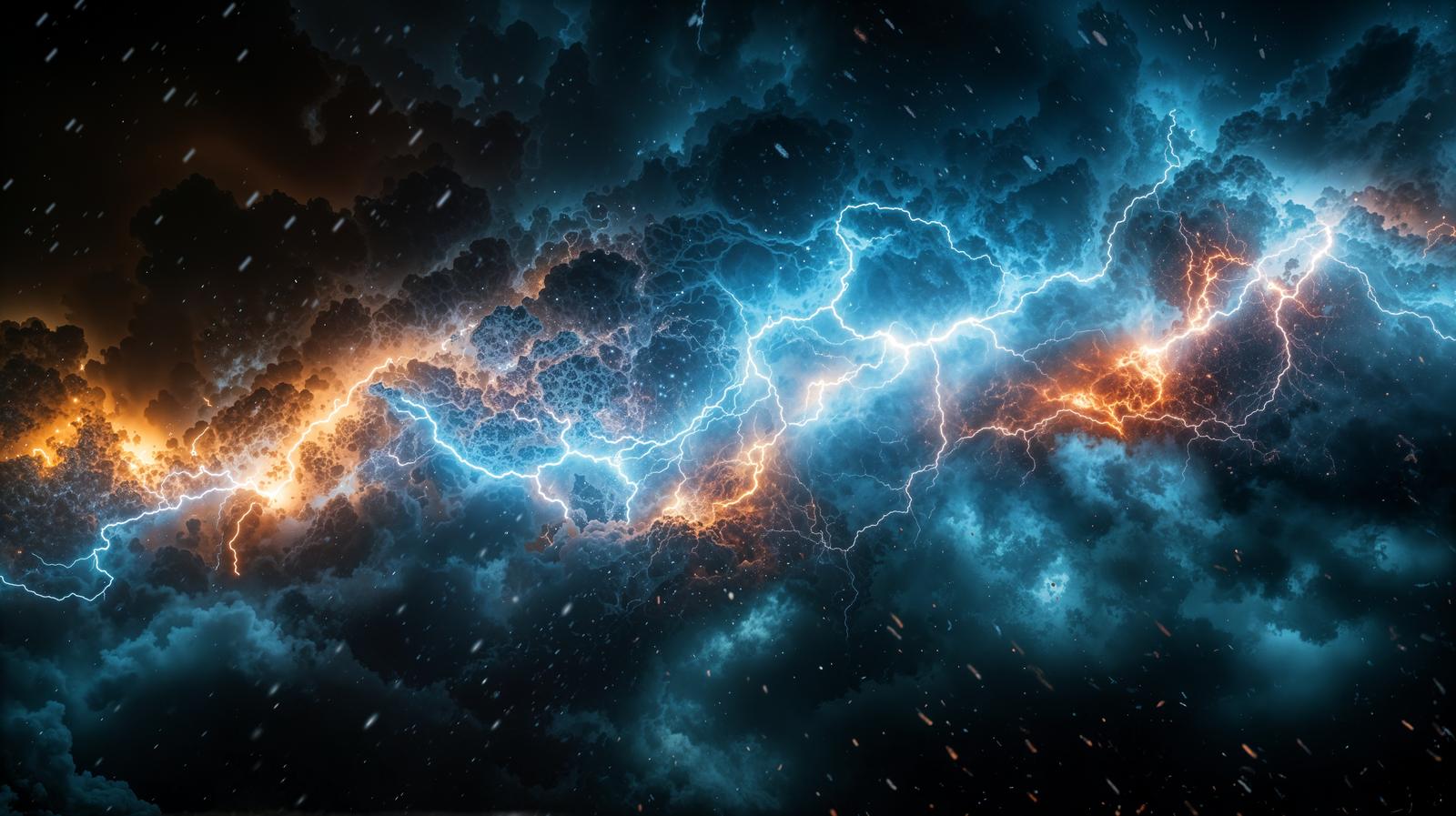 青とオレンジの雲間を稲光が走り雨粒が降る嵐の空