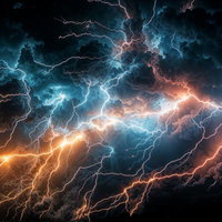 漆黒の夜空に轟く巨大積乱雲とオレンジ色に光る稲妻の写真