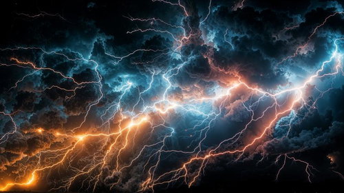 漆黒の夜空に轟く巨大積乱雲とオレンジ色に光る稲妻