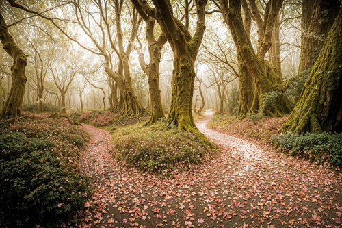 枯れ葉が積もる苔むした古木の森の小径