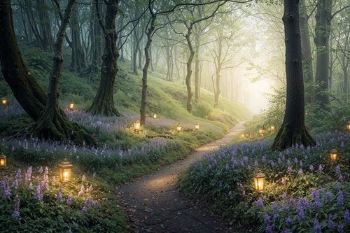 灯篭に照らされたファンタジー風の森林小道と薄紫のルピナス