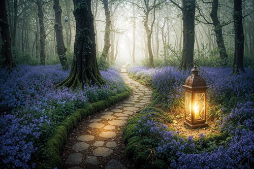 紫色のベルフラワーが咲く森の小道とランタンの光の風景